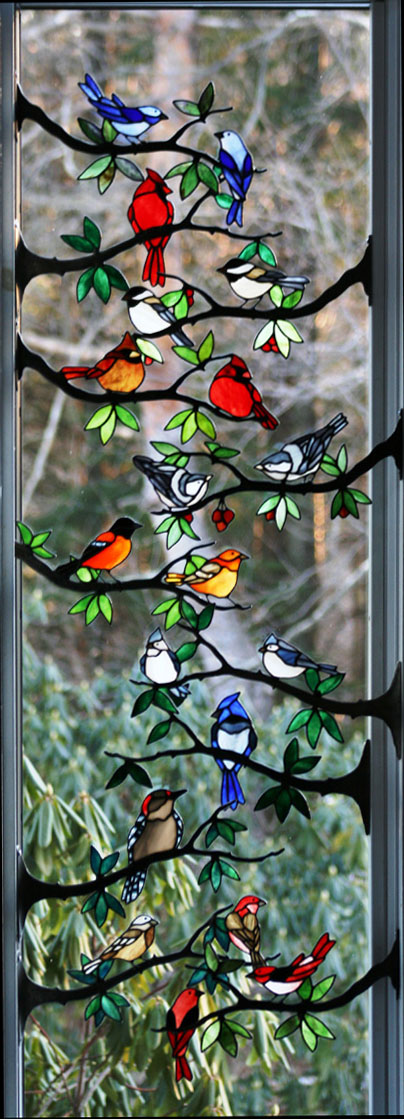 Window Frame Birds by Chippaway Art Glass Stained Glass Song Birds on Branches